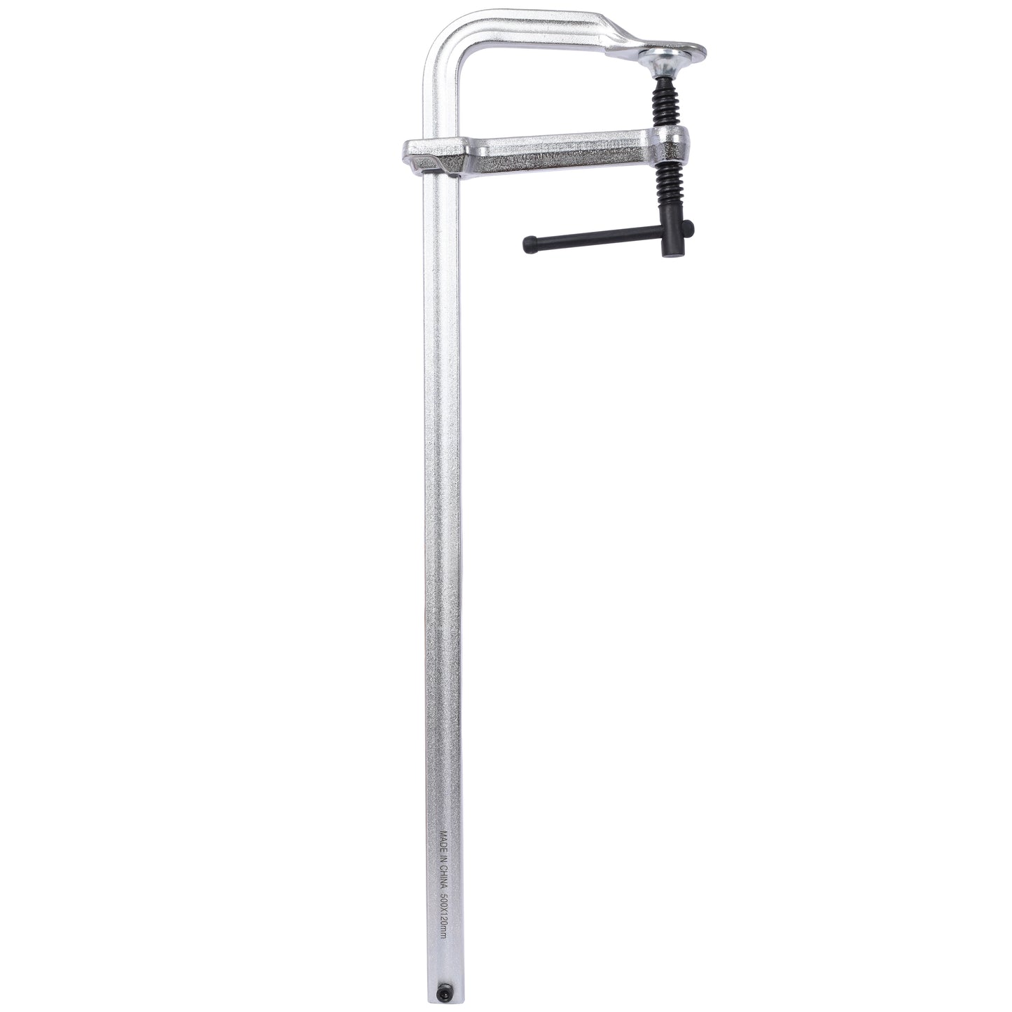 Heavy duty silver metal bar clamp with black screw for woodworking and DIY projects