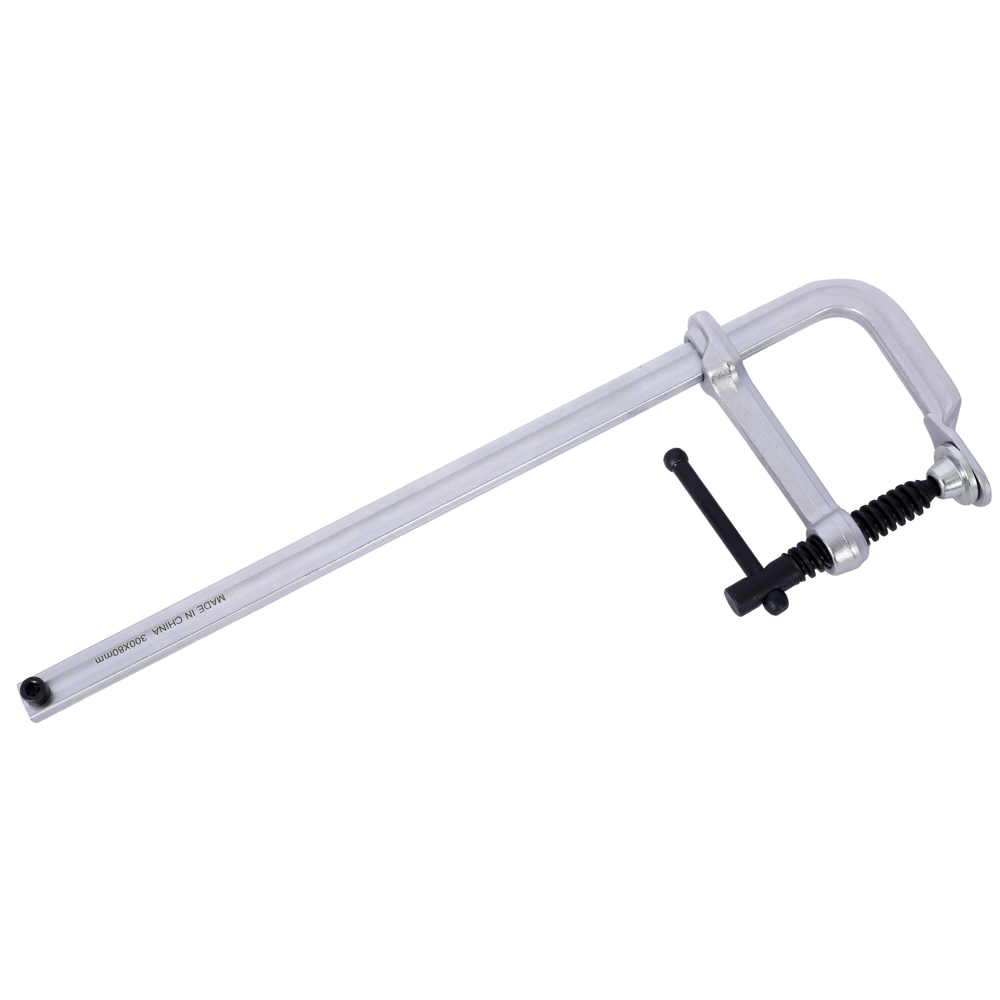 Silver metal F clamp with black handle and threaded rod xmm