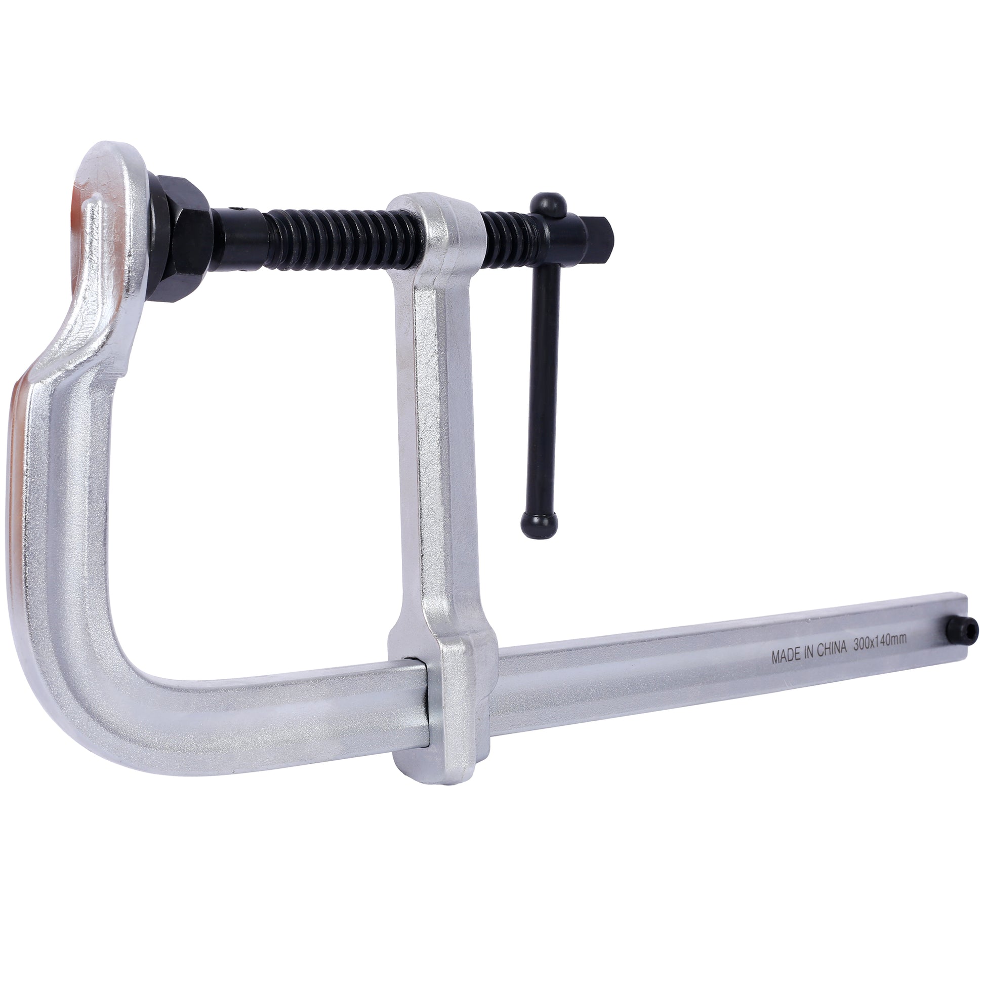 Silver metal C clamp with black screw handle and nut xmm