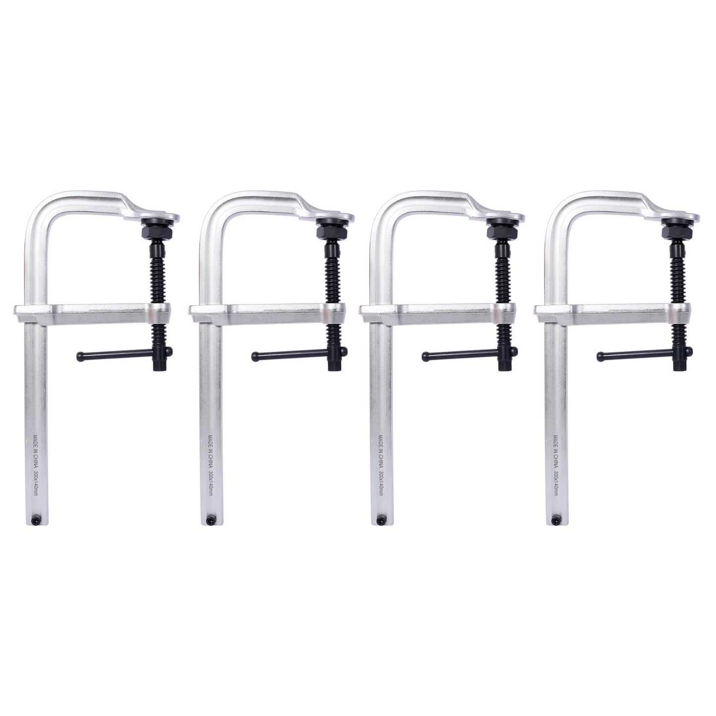 Set of four silver metal C clamps with black screw mechanisms and handles