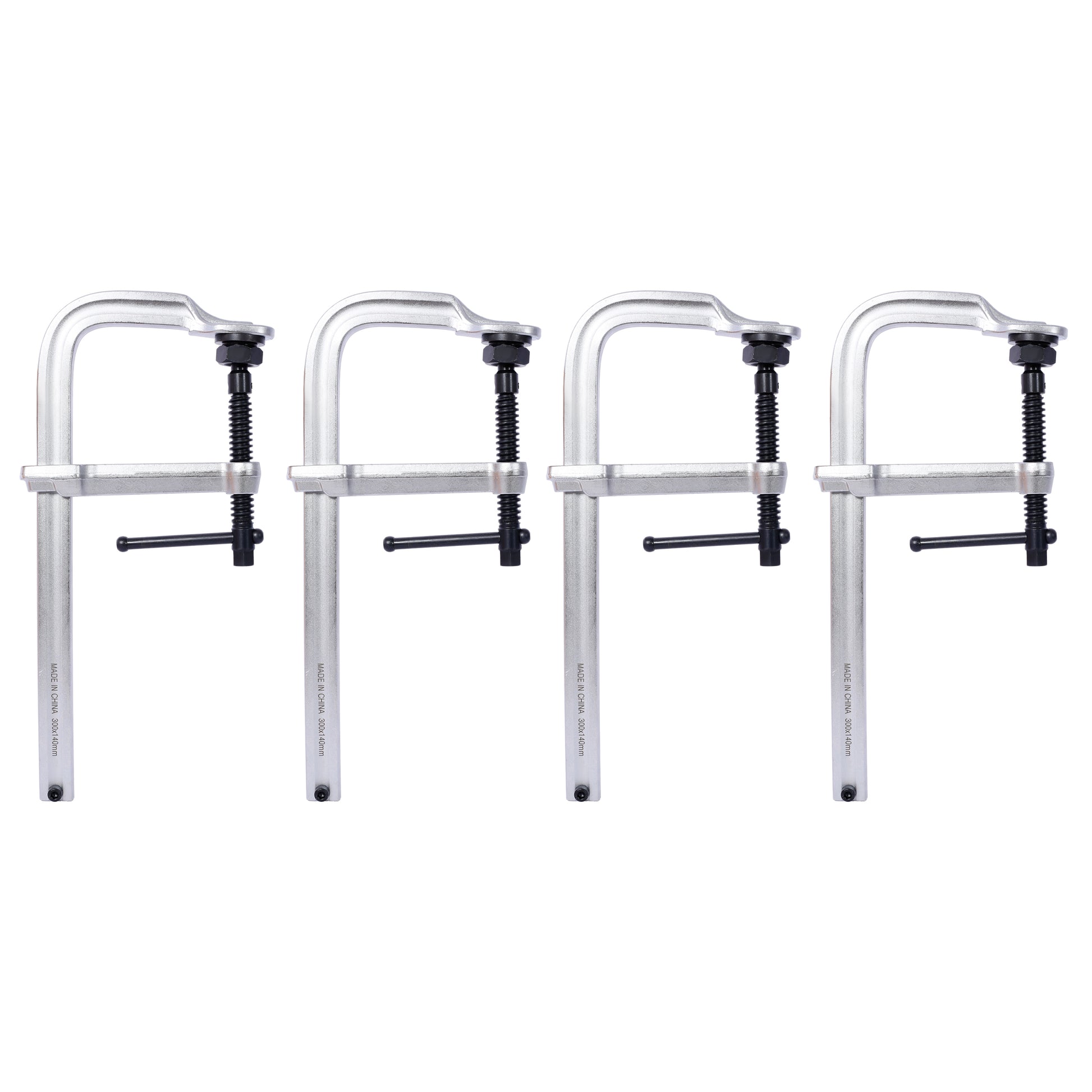 Set of four silver metal C clamps with black screw mechanisms and handles