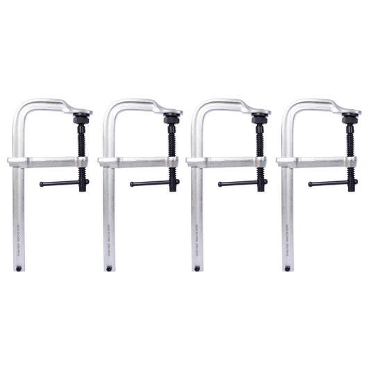 Set of four silver metal C clamps with black screw mechanisms and handles