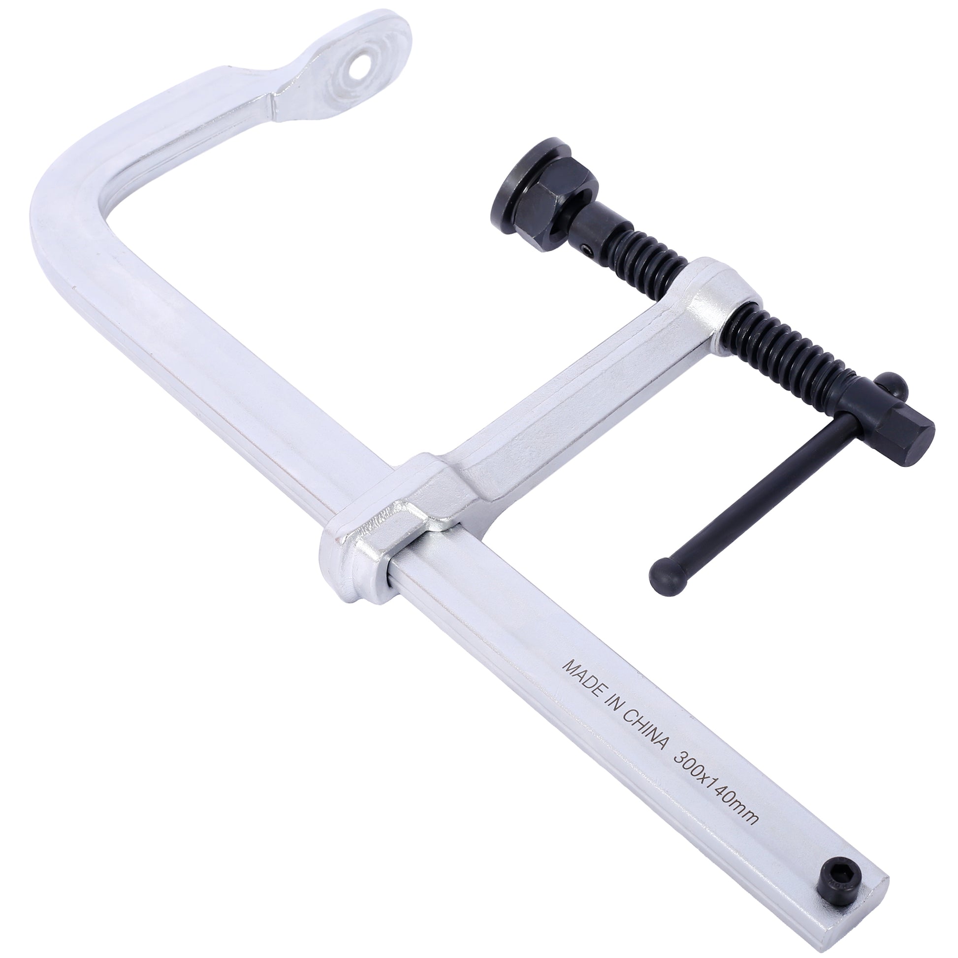 Silver F clamp with black screw mechanism for woodworking and metalworking