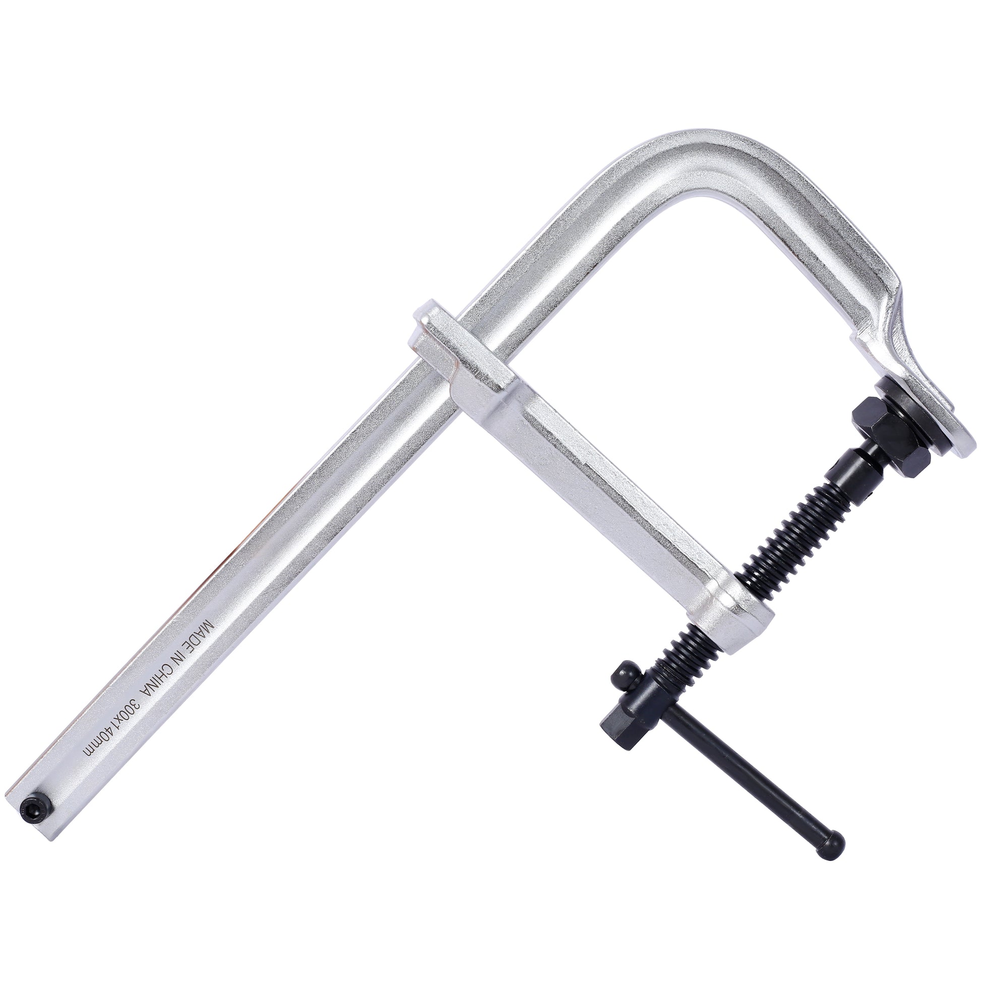 Silver metal C clamp with black screw mechanism xmm size for woodworking
