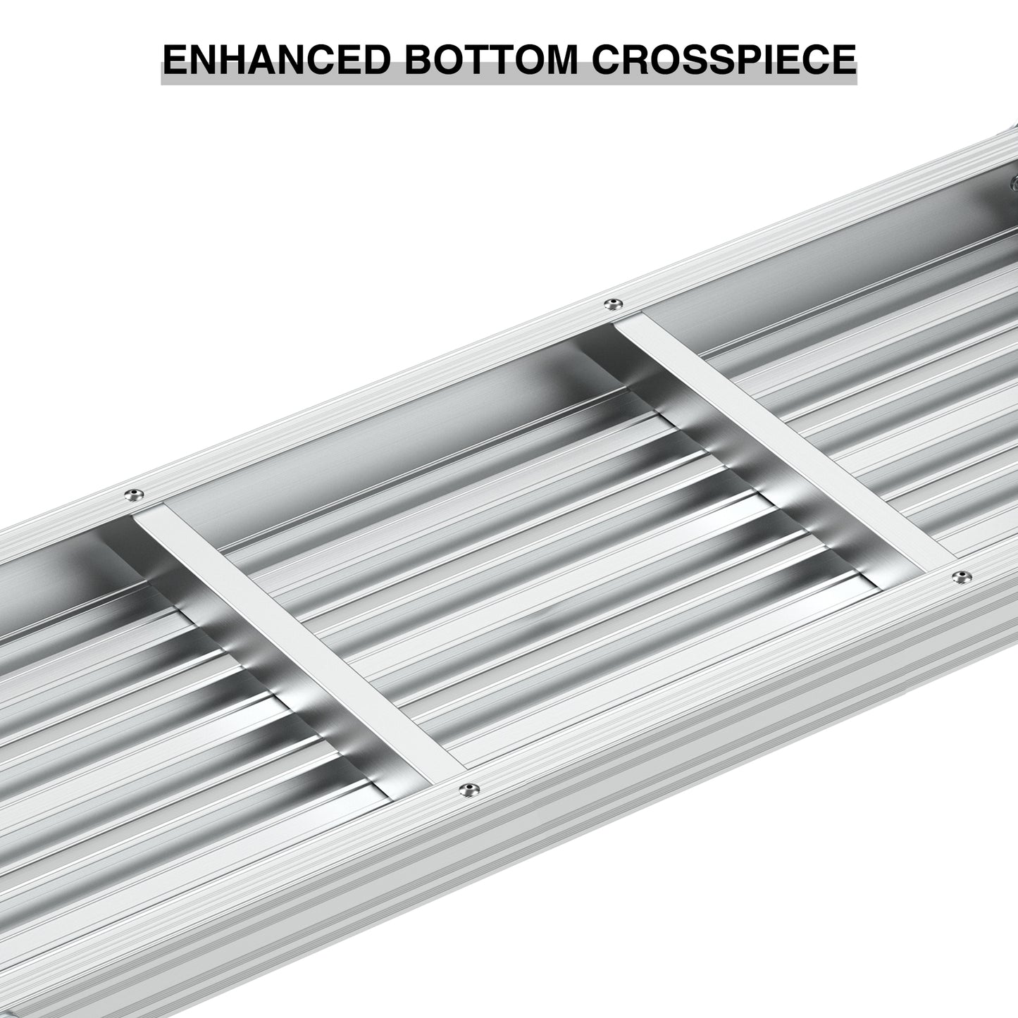 Closeup of a silver metal enhanced bottom crosspiece with ribbed texture