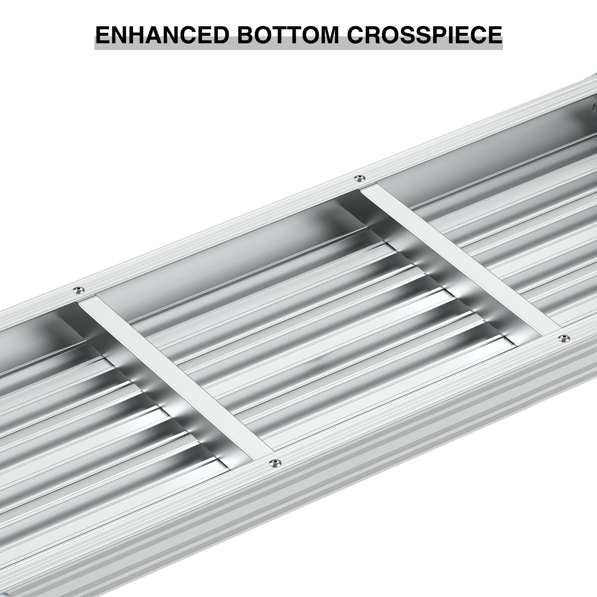Closeup of a silver metal enhanced bottom crosspiece with ribbed texture