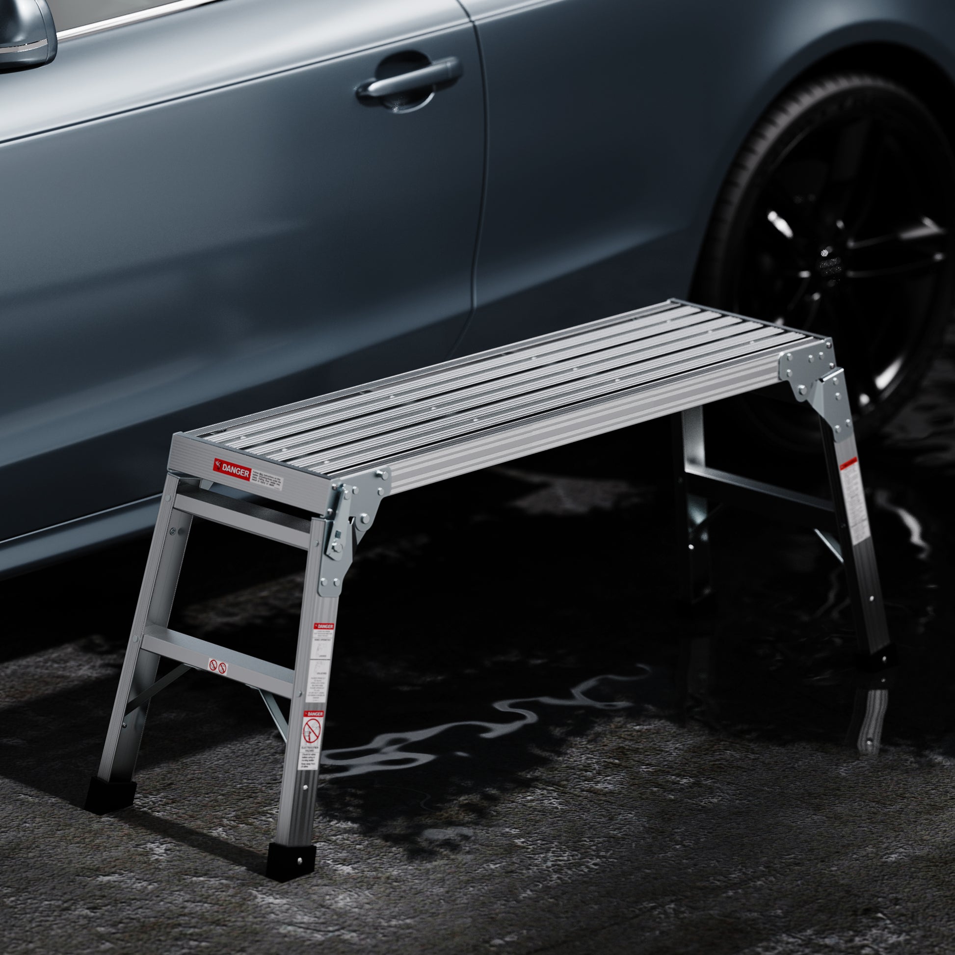 Silver aluminum vehicle step stool with nonslip platform ideal for car detailing