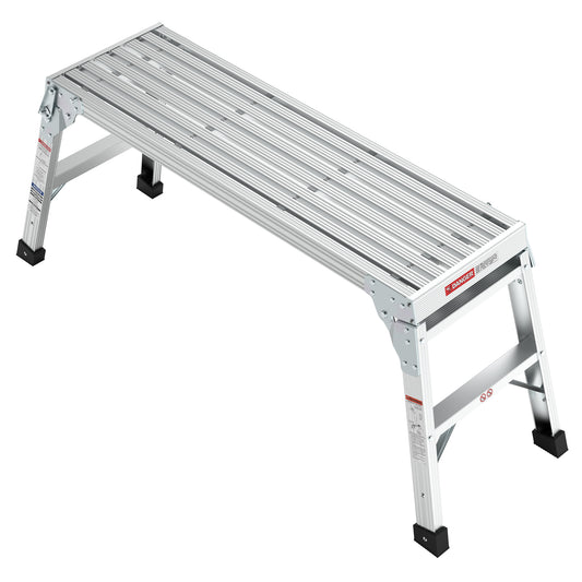 Foldable aluminum work platform with nonslip treads and sturdy legs