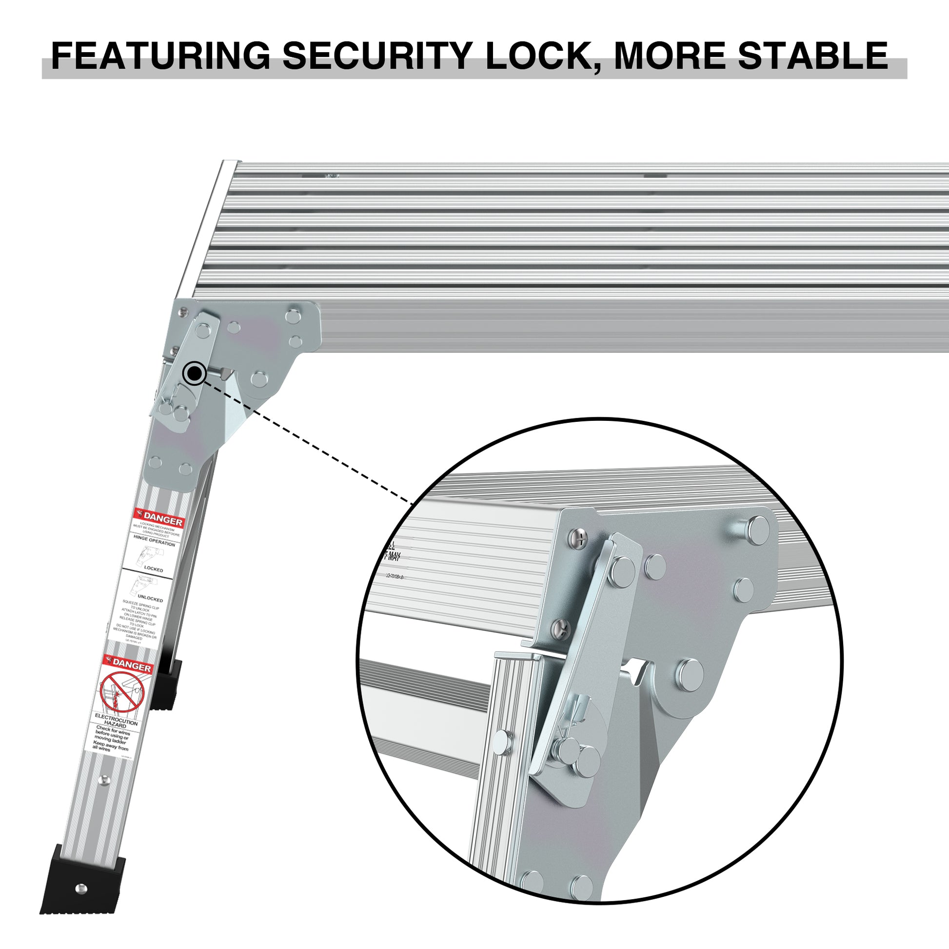 Aluminum ladder hinge mechanism featuring a secure locking system for enhanced stability during use