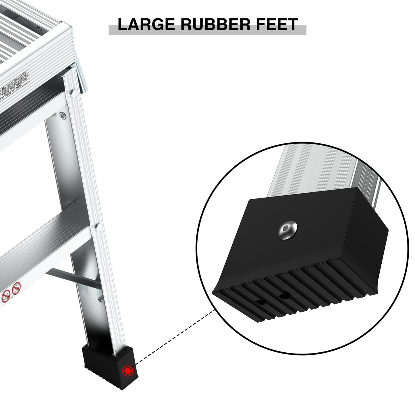 Closeup of a large black rubber foot on an aluminum ladder providing stability