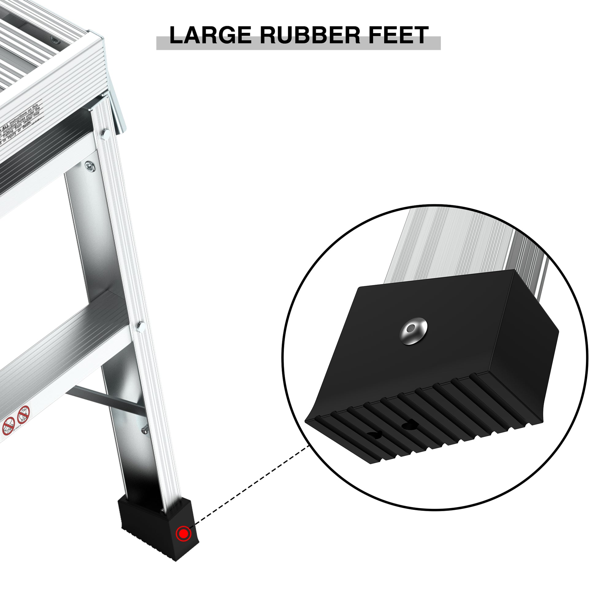 Closeup of a large black rubber foot on an aluminum ladder providing stability