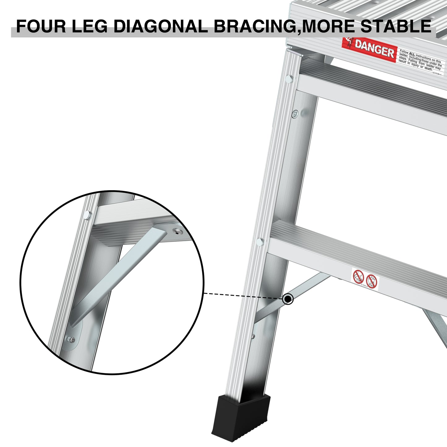 Closeup of aluminum step ladder leg with diagonal bracing detail for stability