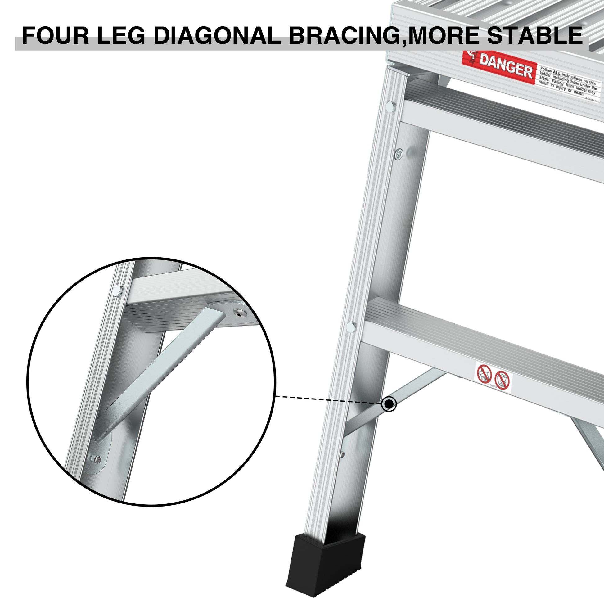 Closeup of aluminum step ladder leg with diagonal bracing detail for stability