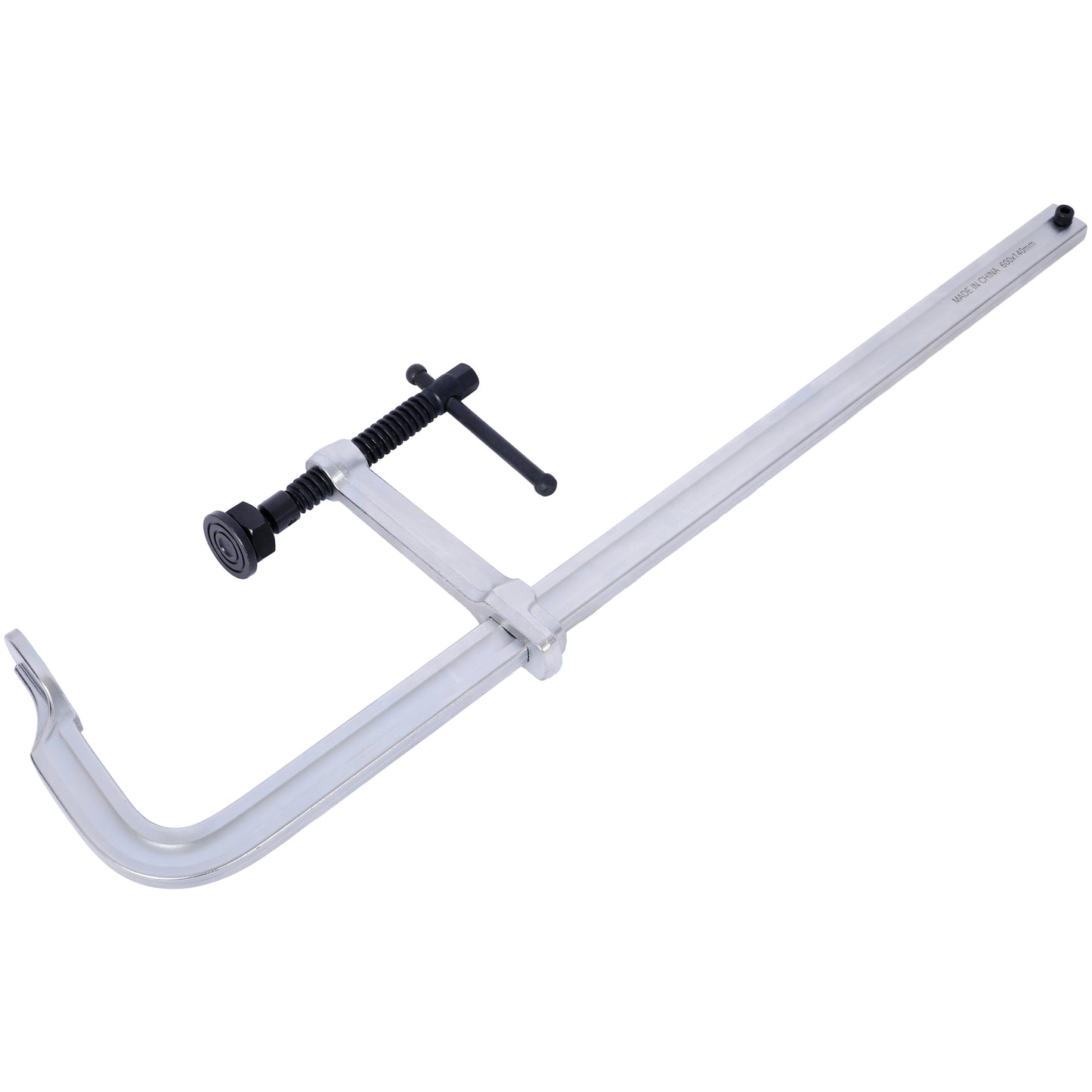 Silver metal G clamp with black Tbar handle for woodworking projects