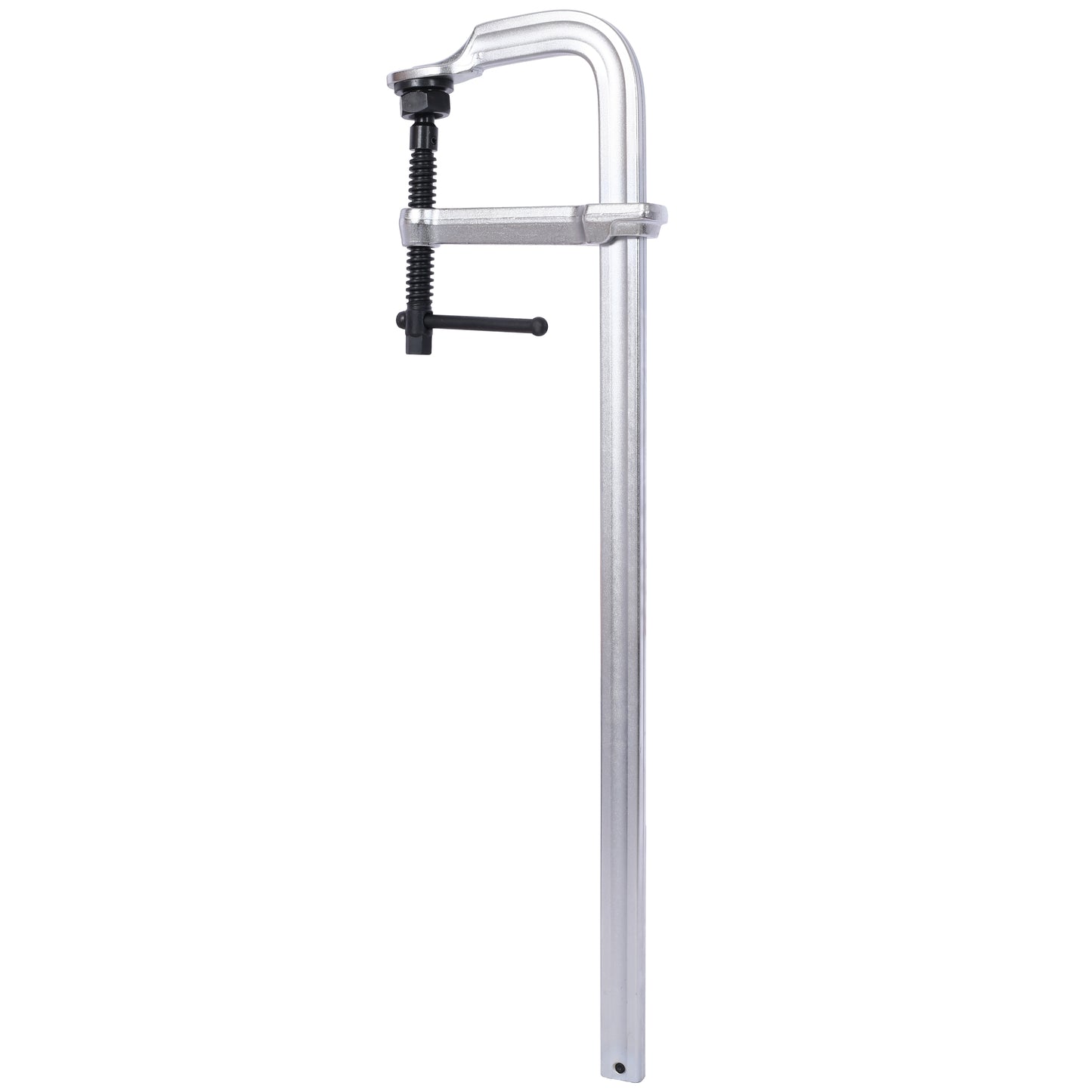 Silver metal C clamp with black screw and handle for woodworking and metalworking tasks