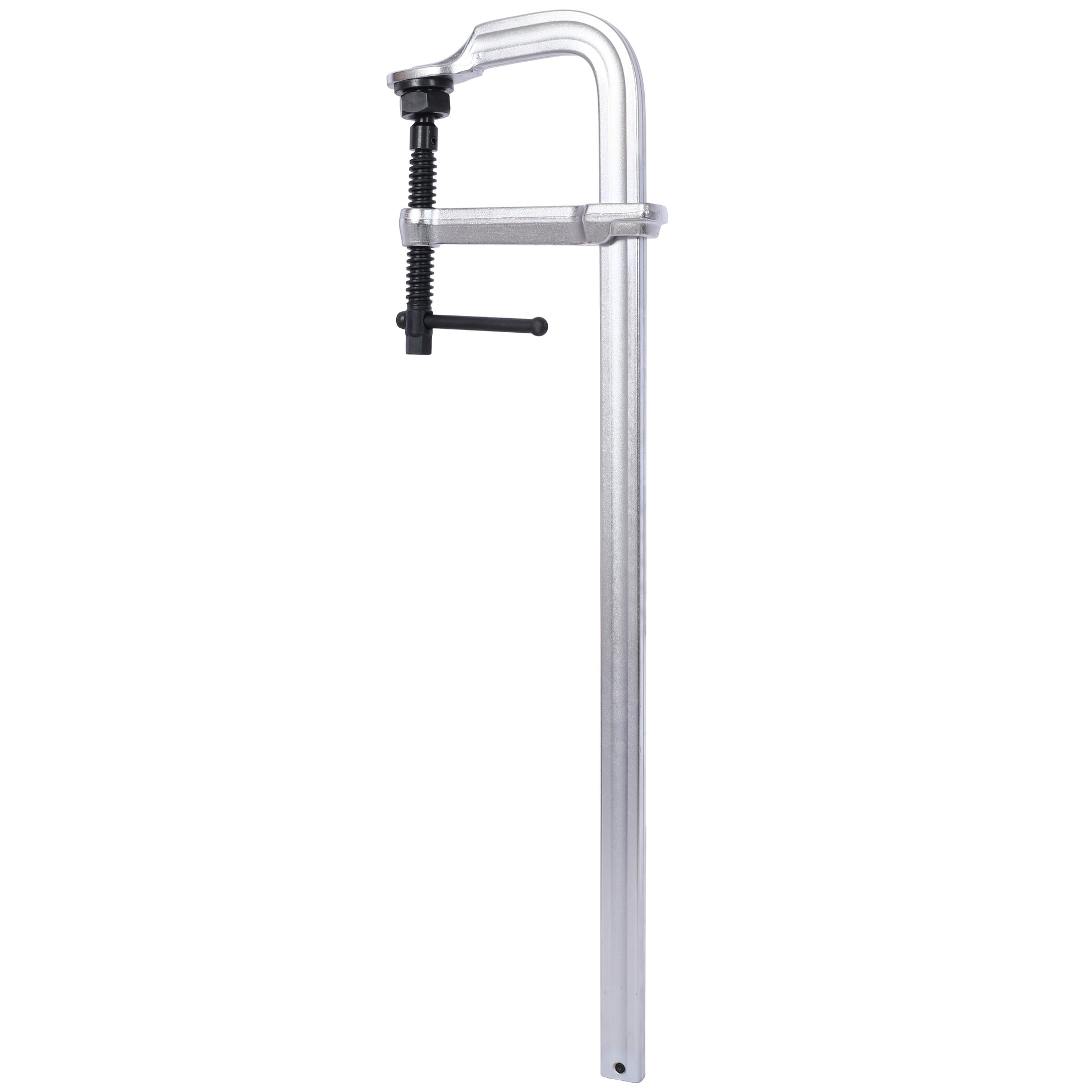 Silver metal C clamp with black screw and handle for woodworking and metalworking tasks