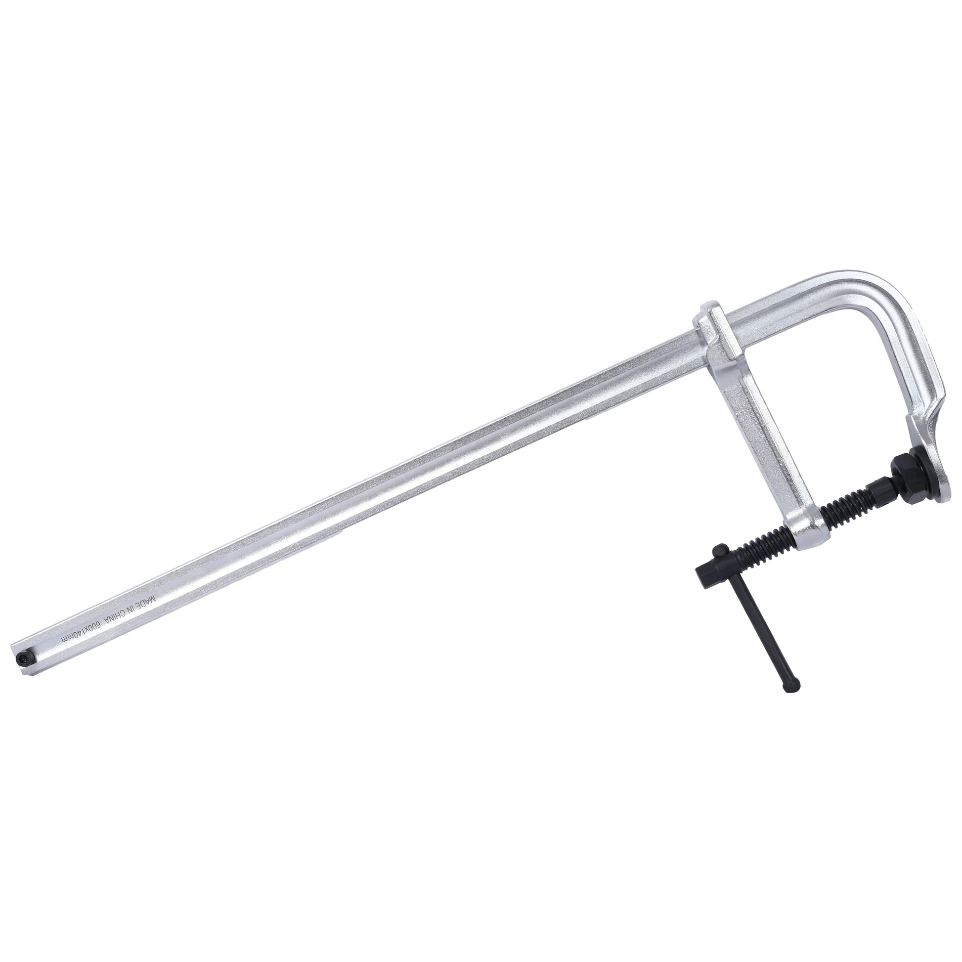 Heavyduty metal Fclamp with black Thandle and threaded screw for woodworking and fabrication tasks
