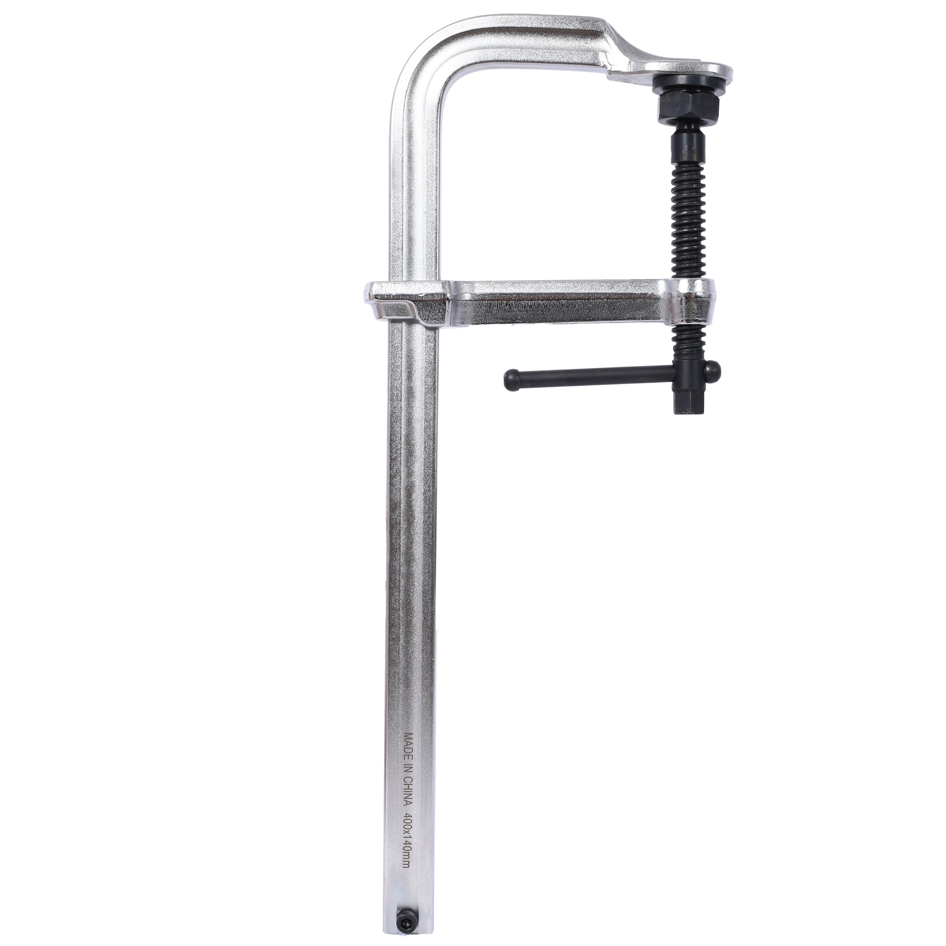Silver metal Fclamp with black screw handle and rubber grip for woodworking applications