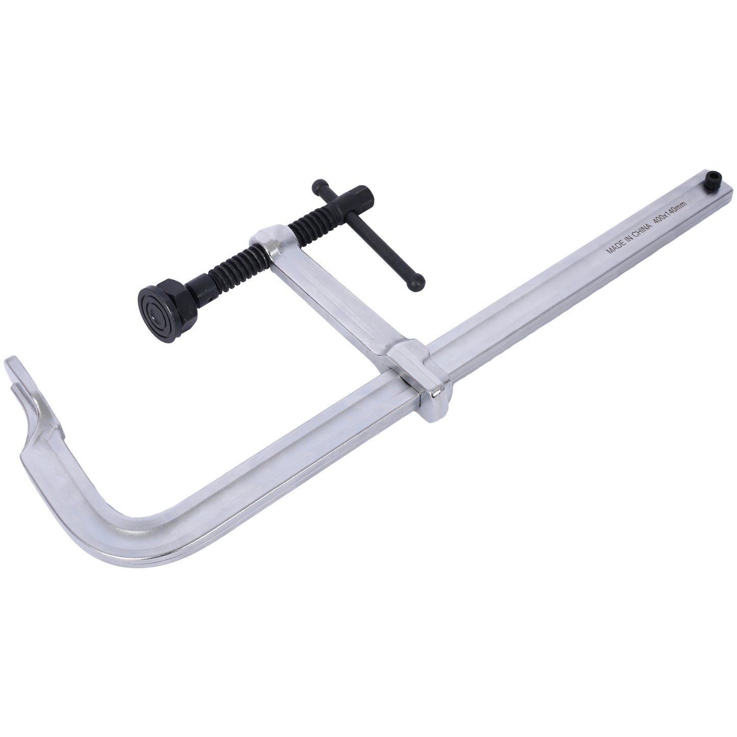 Heavyduty silver aluminum F clamp with black adjustable handle for woodworking projects