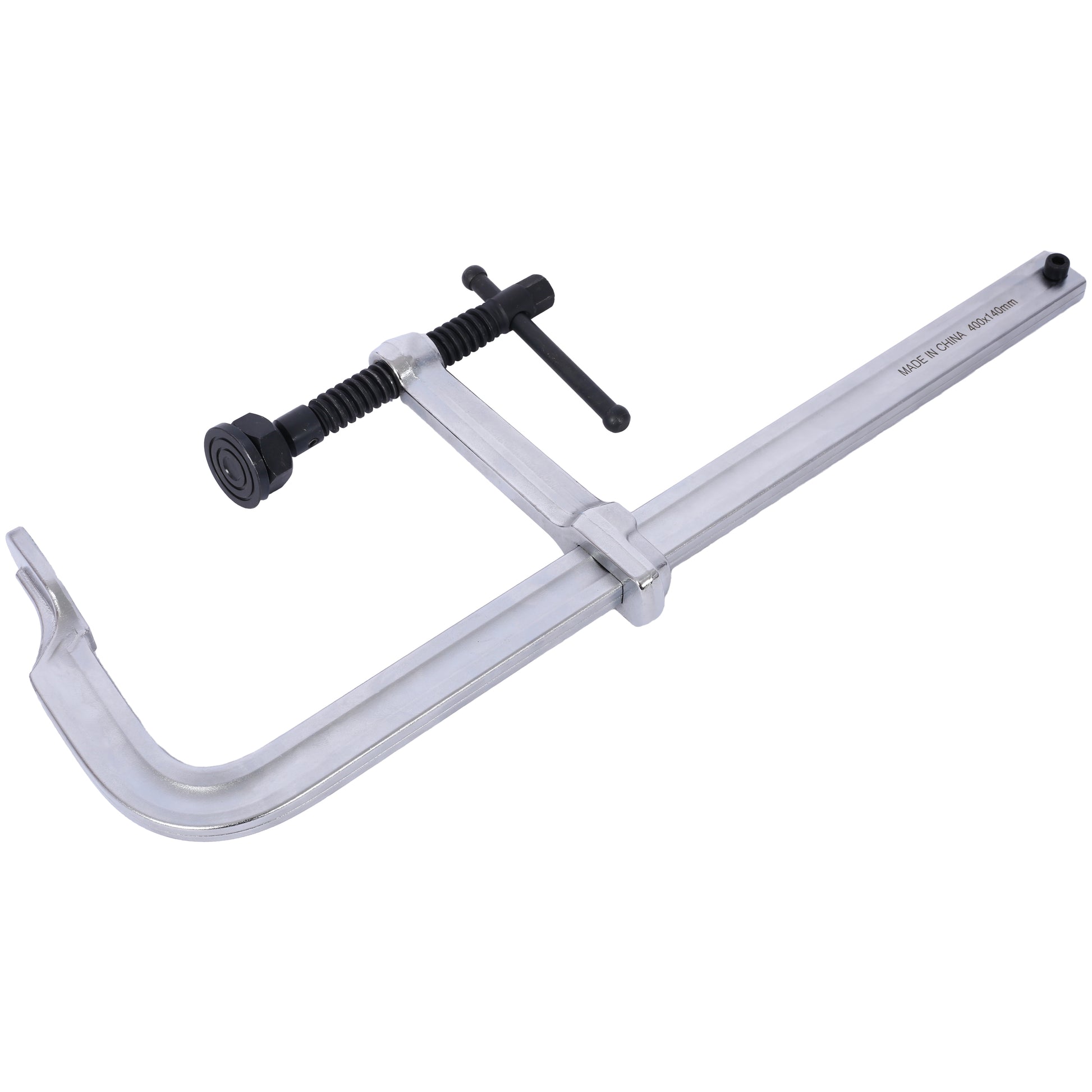 Heavyduty silver aluminum F clamp with black adjustable handle for woodworking projects