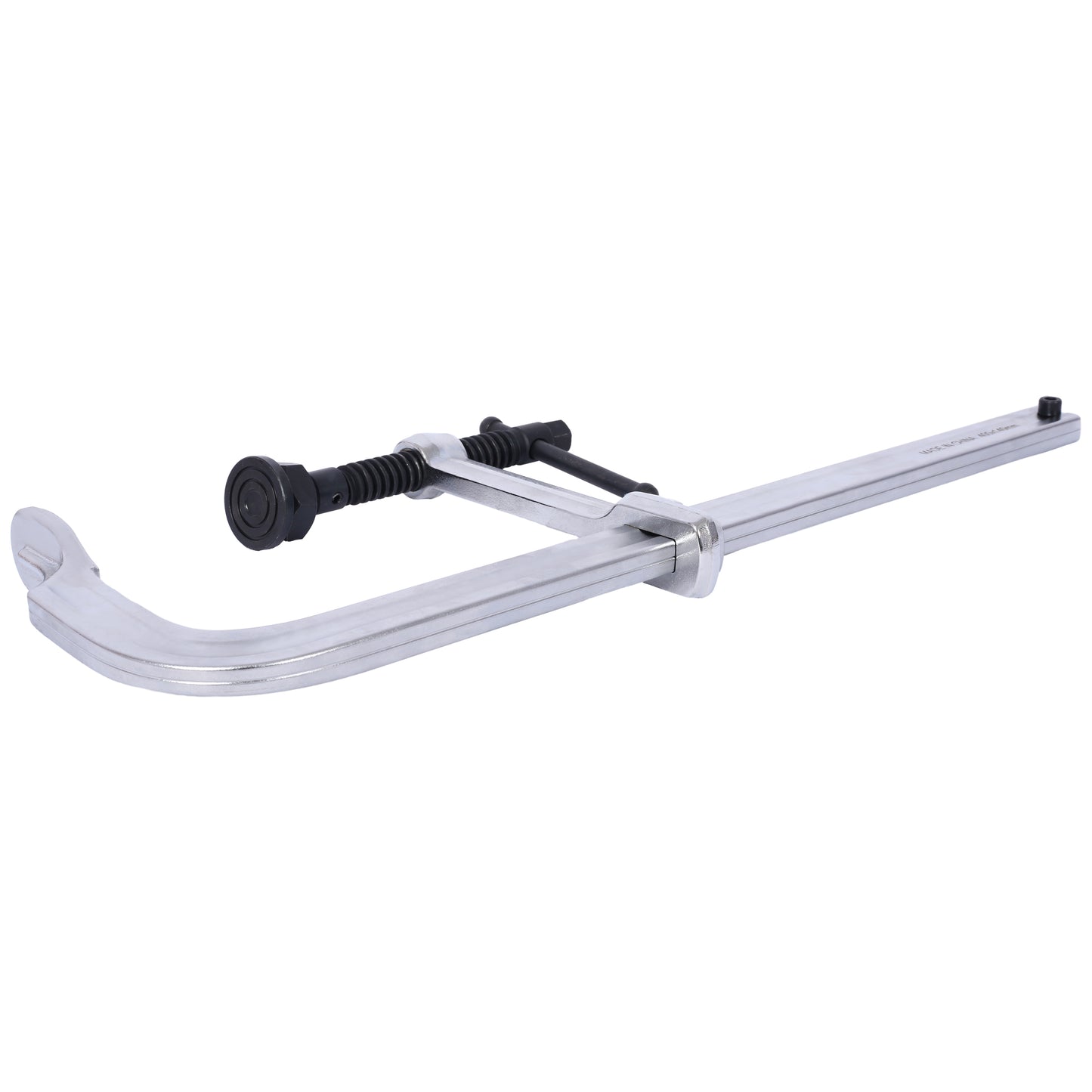 Heavyduty F clamp with silver metal construction and black handle for woodworking tasks