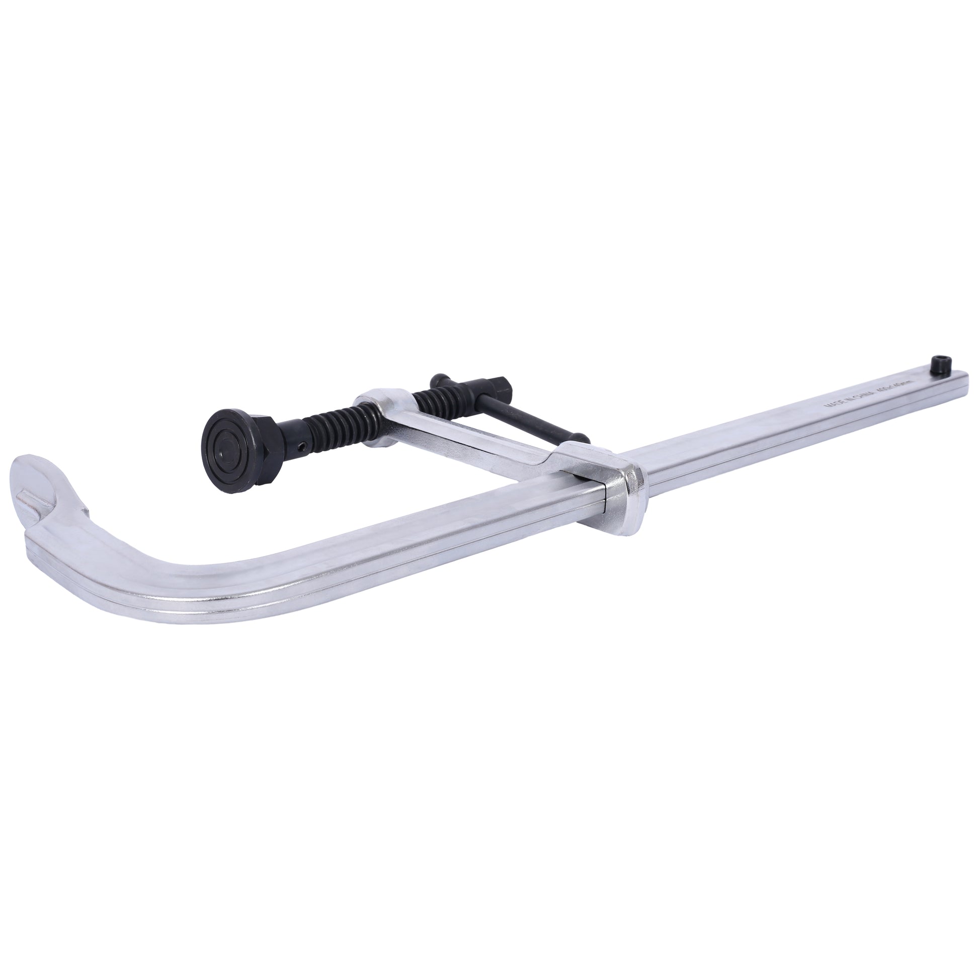 Heavyduty F clamp with silver metal construction and black handle for woodworking tasks