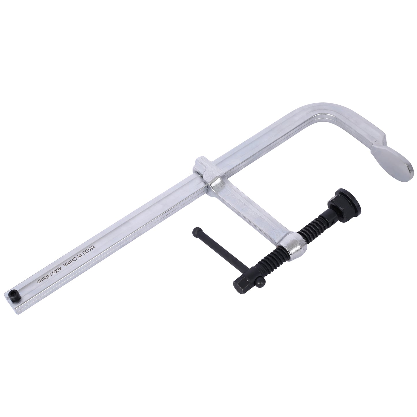 Silver metal F clamp with black screw handle for woodworking and metalworking projects