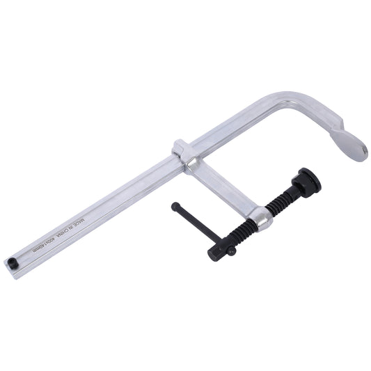 Silver metal F clamp with black screw handle for woodworking and metalworking projects