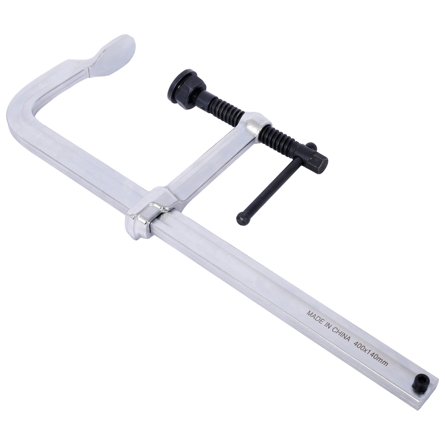 Silver metal C clamp with black screw handle for woodworking