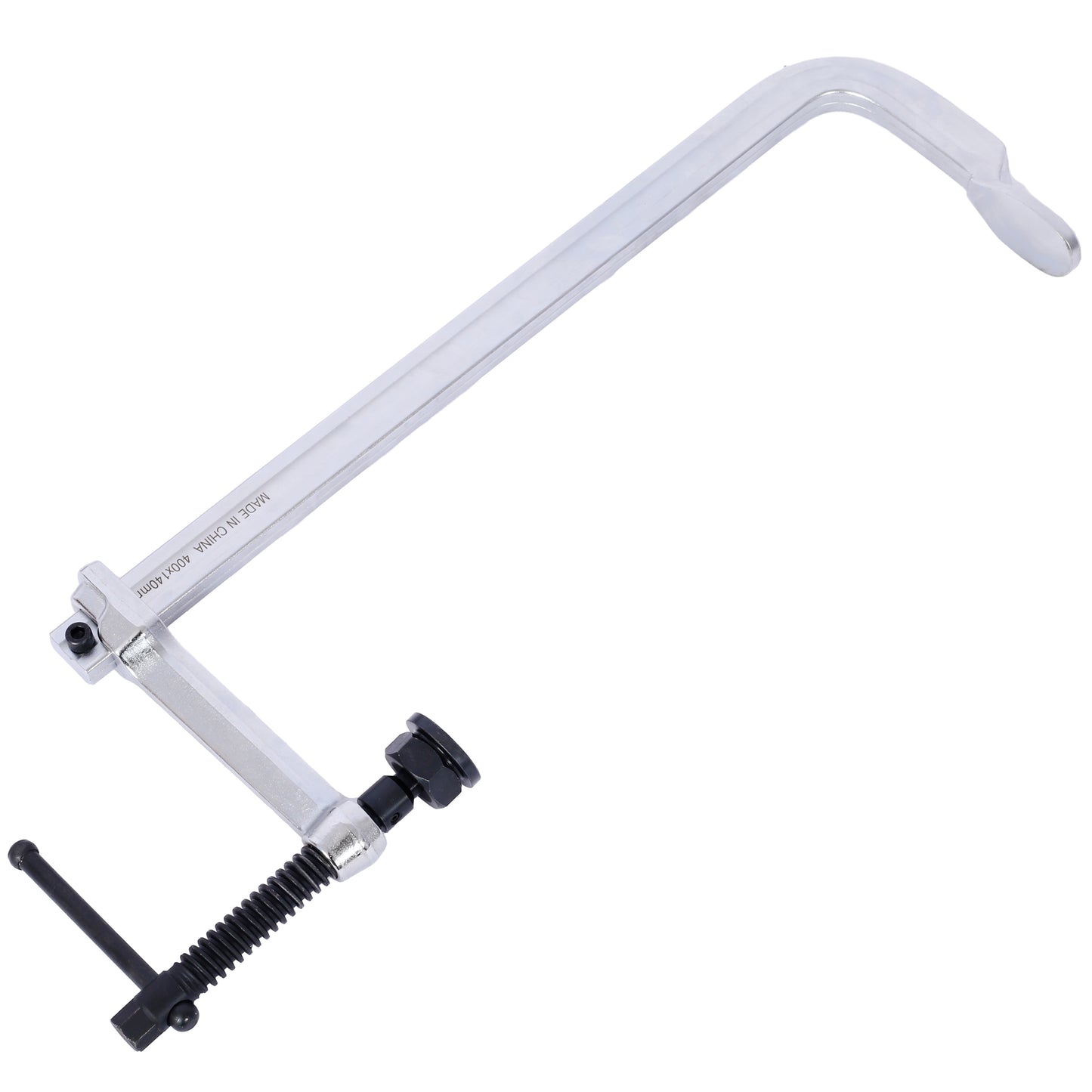 A silver Fclamp with a black handle and adjustment screw for woodworking