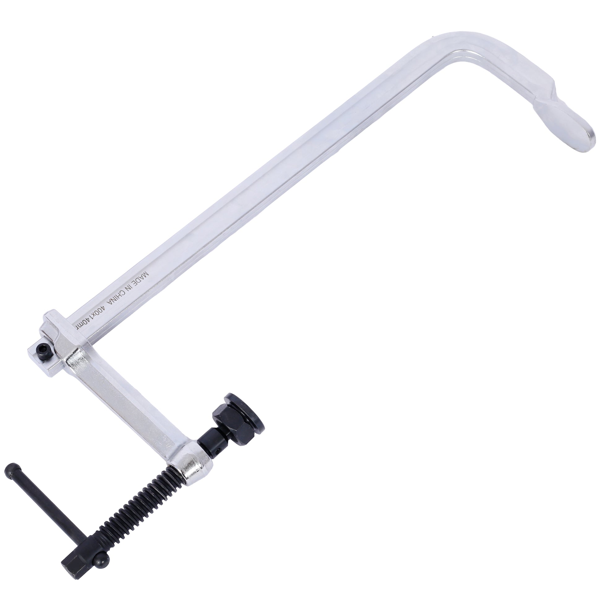 A silver Fclamp with a black handle and adjustment screw for woodworking