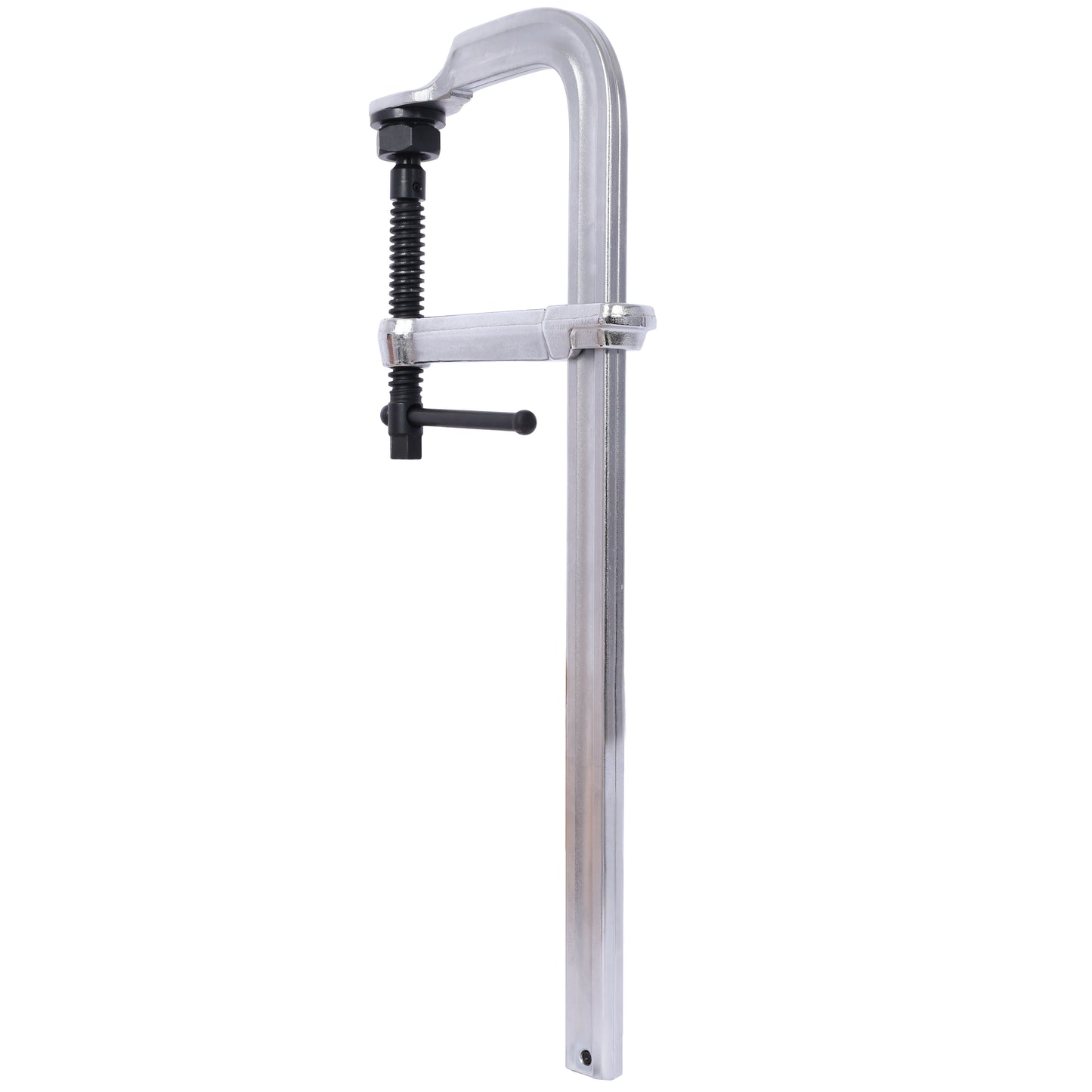 Silver metal C clamp with black screw handle for woodworking