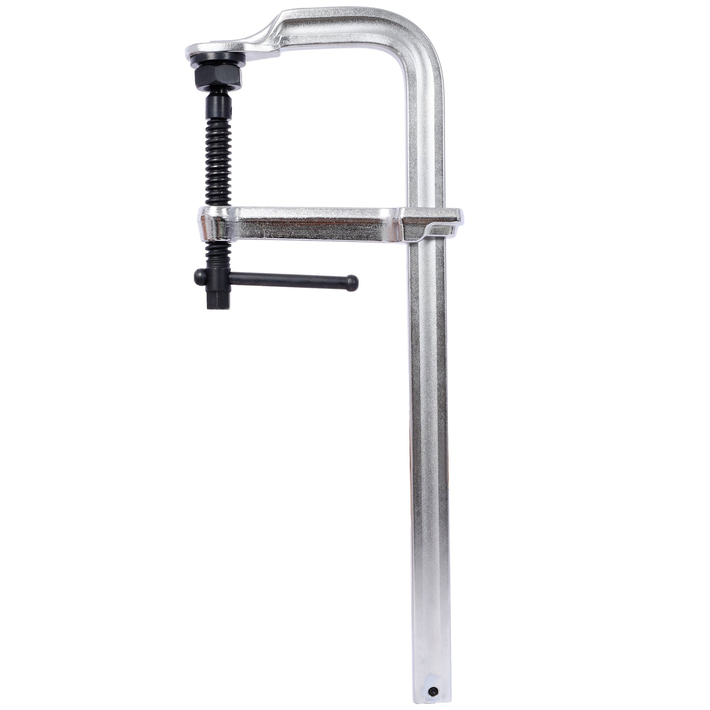Silver Cclamp with black handle and adjustable screw for woodworking projects