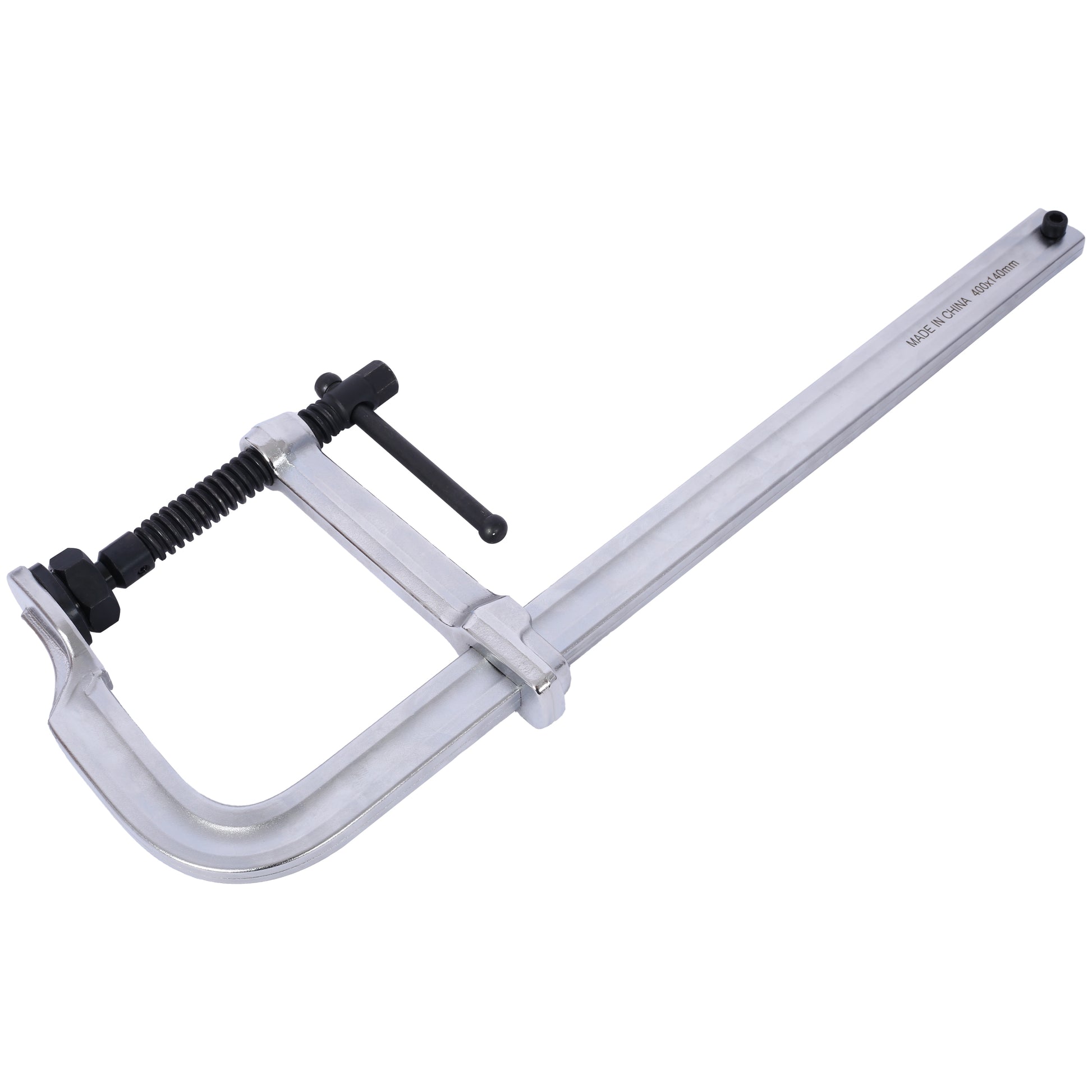 Silver metal Cclamp with black adjustable screw for woodworking tasks