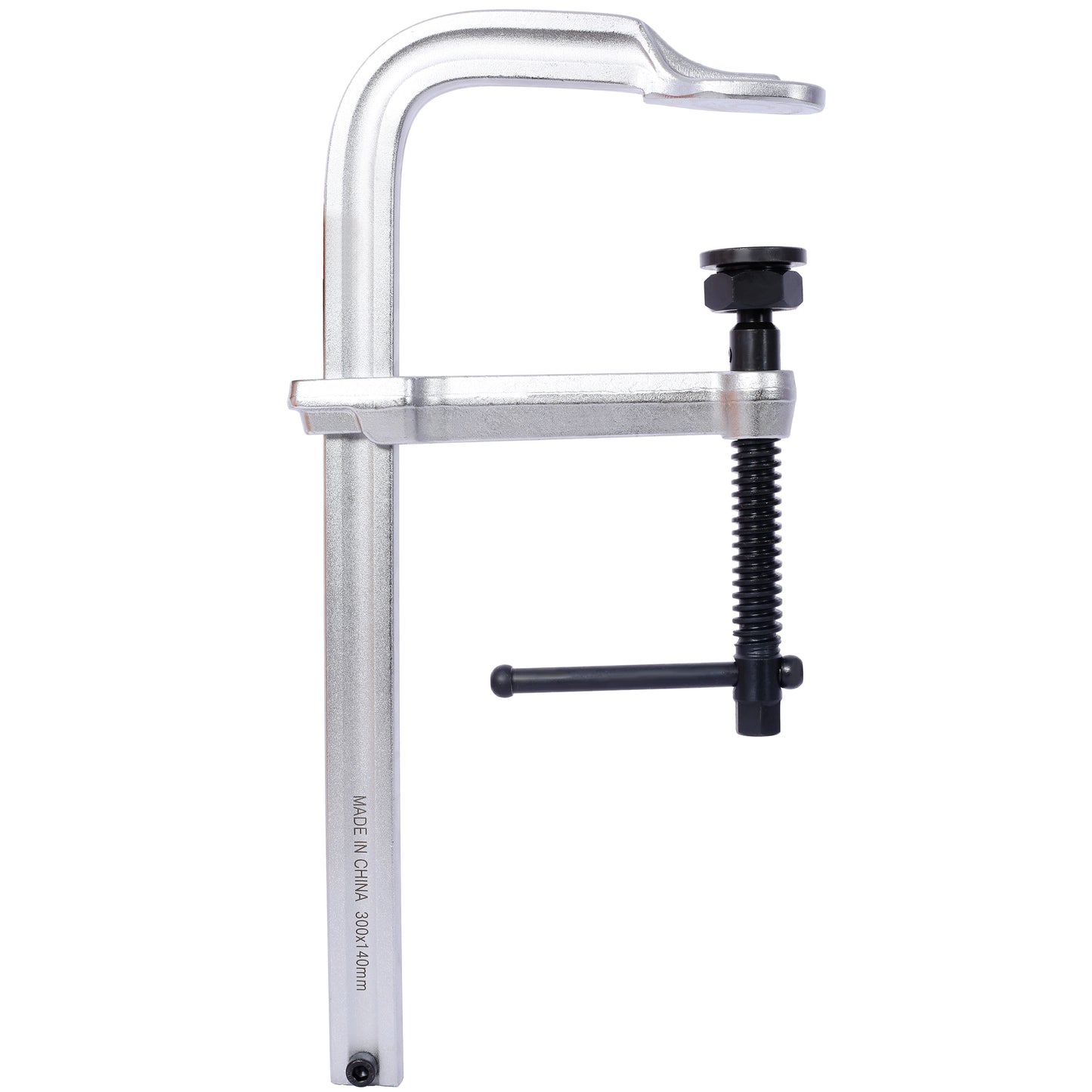 Heavyduty silver metal clamp with black Thandle and threaded screw for woodworking projects