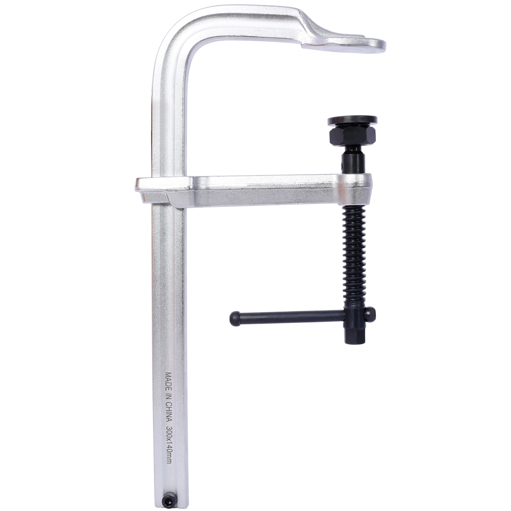 Heavyduty silver metal clamp with black Thandle and threaded screw for woodworking projects