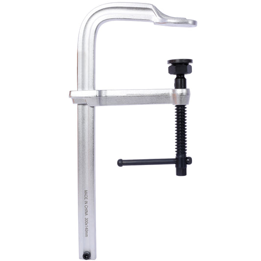Heavyduty silver metal clamp with black Thandle and threaded screw for woodworking projects
