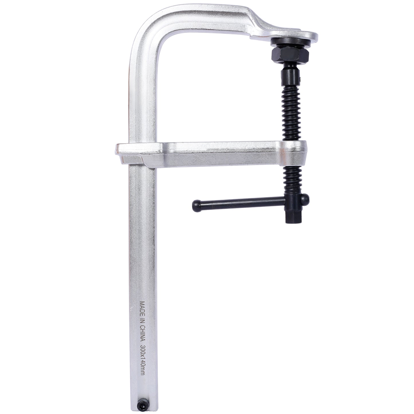 Heavyduty silver metal F clamp with black screw and handle for woodworking and metalworking applications