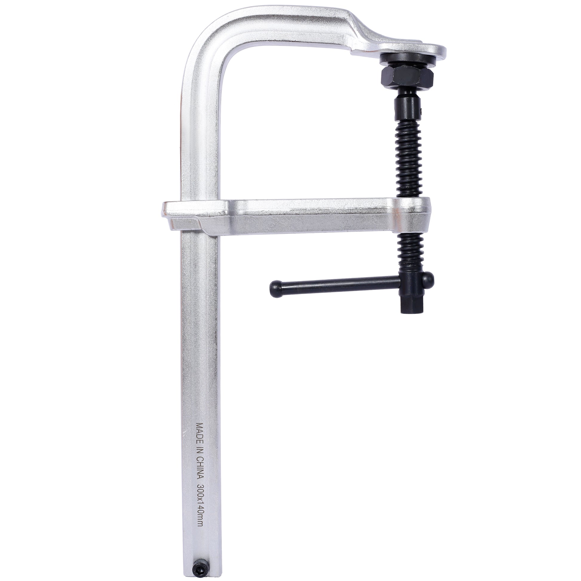 Heavyduty silver metal F clamp with black screw and handle for woodworking and metalworking applications