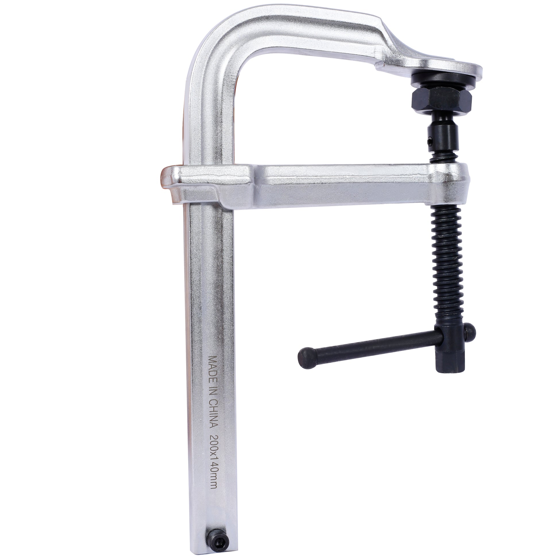 Silver metal Fclamp with black screw handle and nut essential for woodworking and metalworking projects