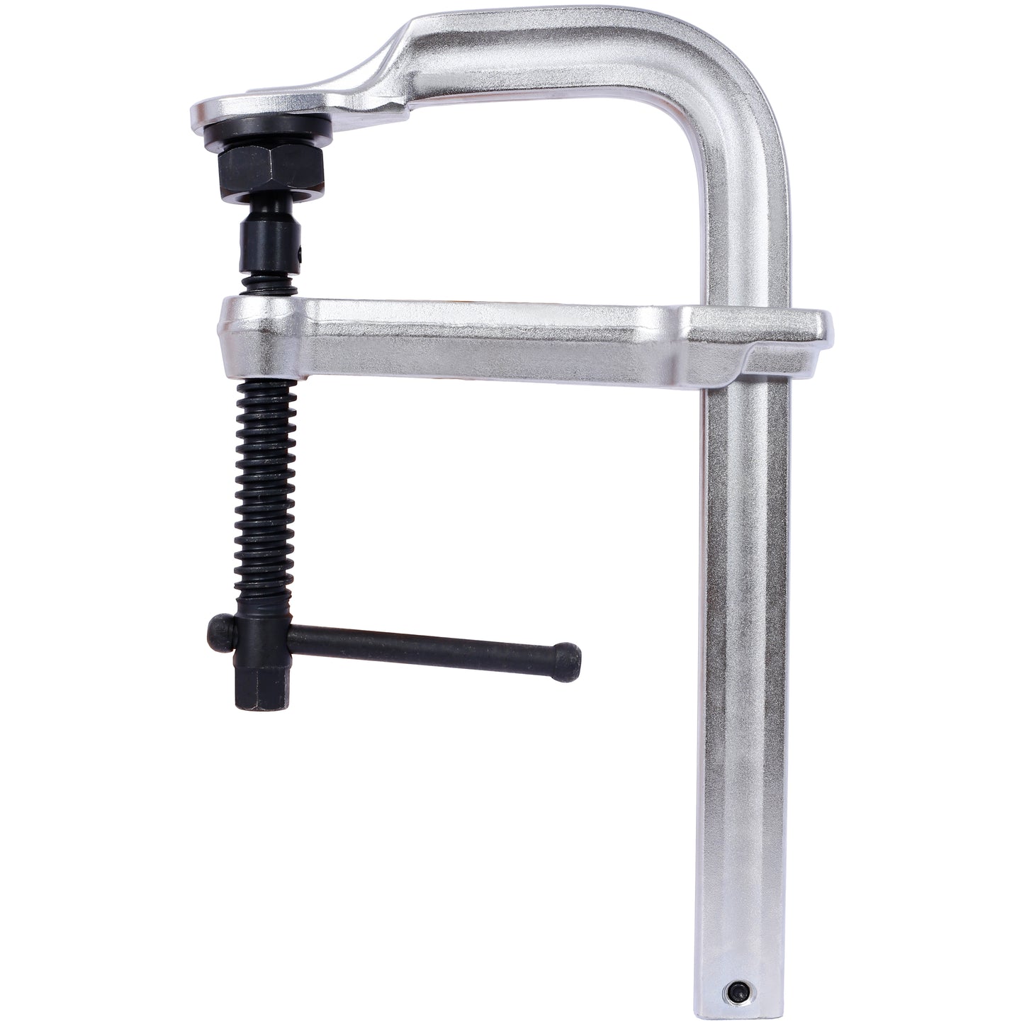 Silver metal F clamp with black screw handle and fixed jaw for woodworking projects