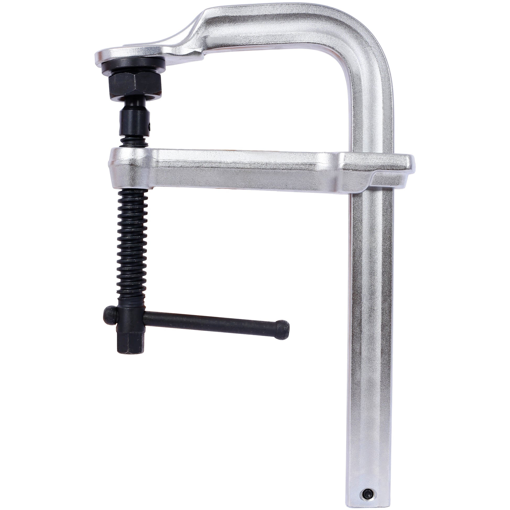 Silver metal F clamp with black screw handle and fixed jaw for woodworking projects