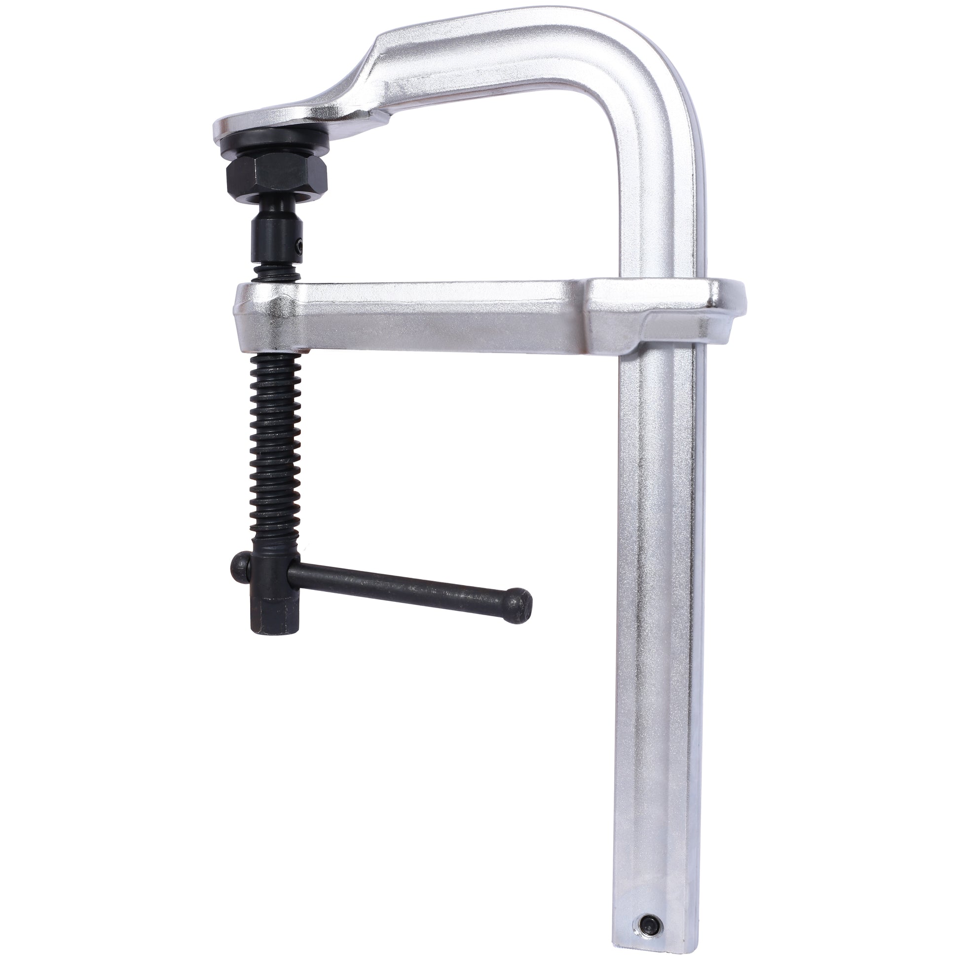 Silver metal Fclamp with black threaded rod and handle for woodworking