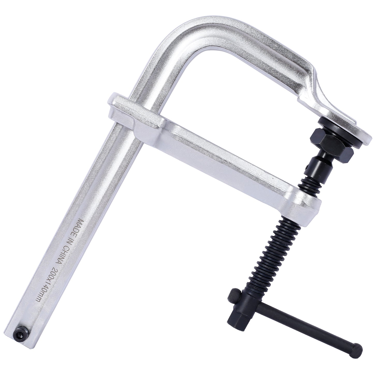 Heavyduty F clamp with a silver metallic finish and black adjustable screw for woodworking projects