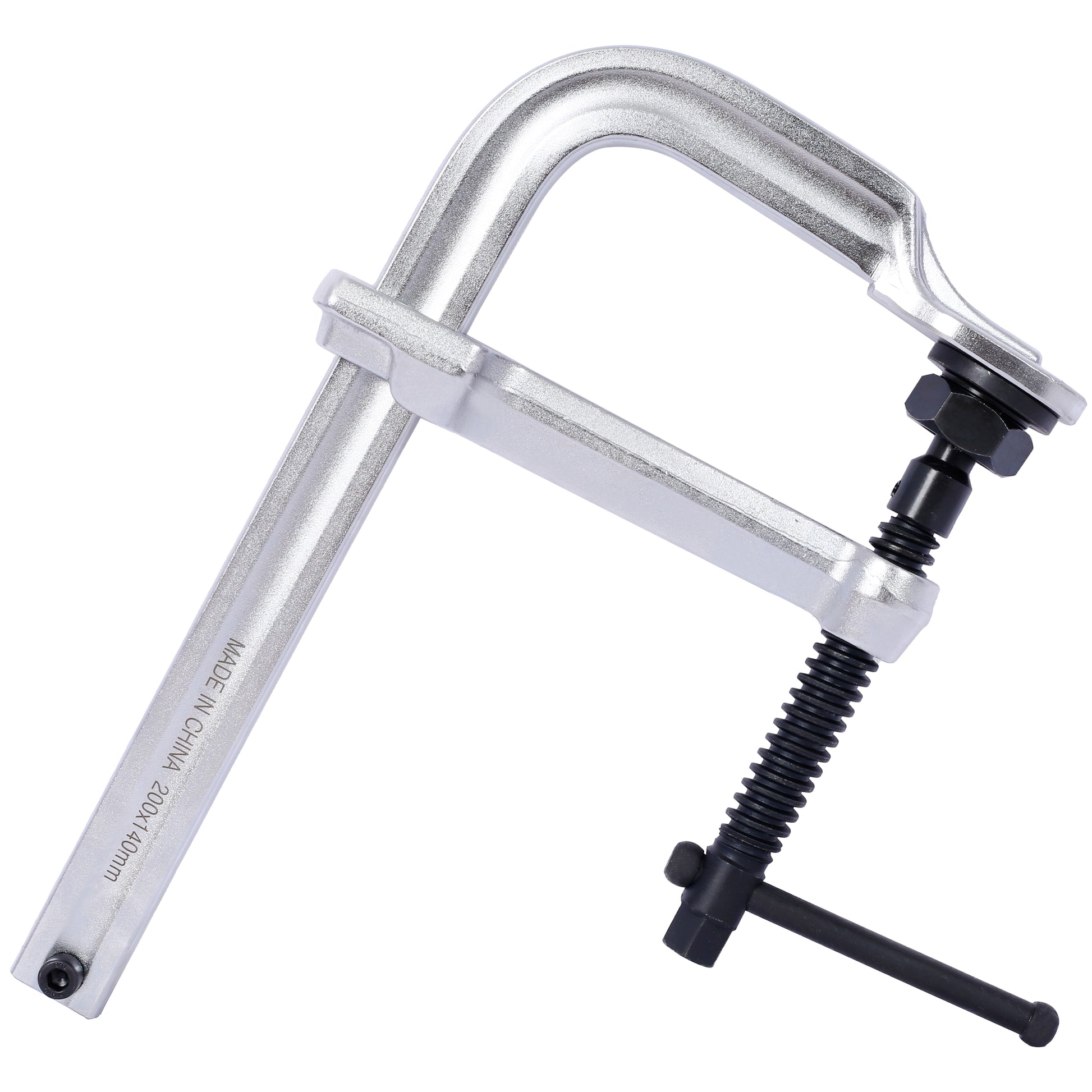 Heavyduty F clamp with a silver metallic finish and black adjustable screw for woodworking projects