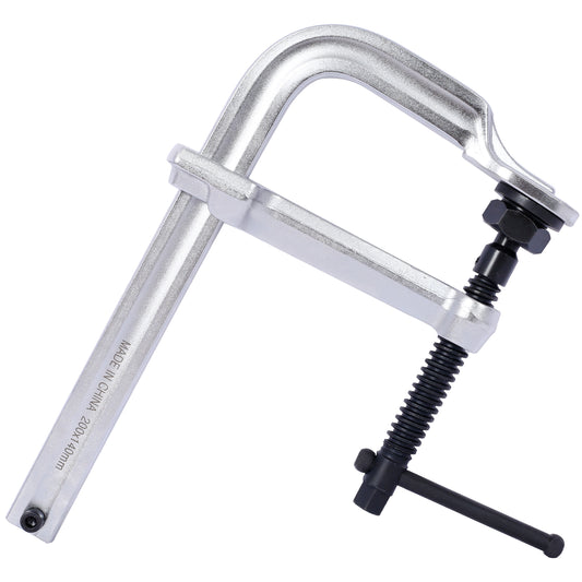 Heavyduty F clamp with a silver metallic finish and black adjustable screw for woodworking projects