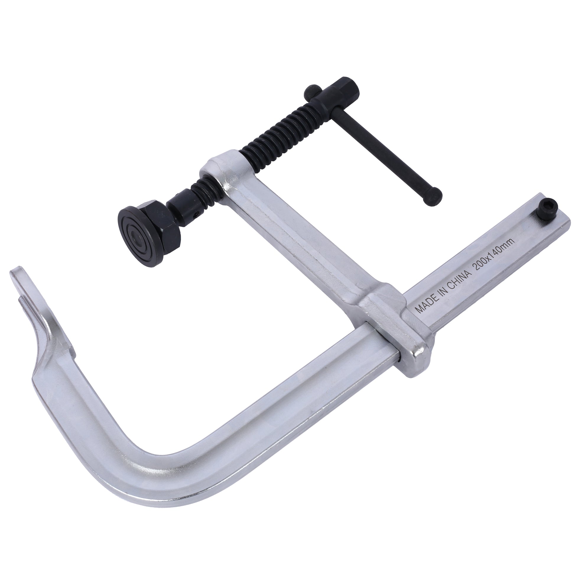 Heavy duty silver metal F clamp with black handle and screw for woodworking