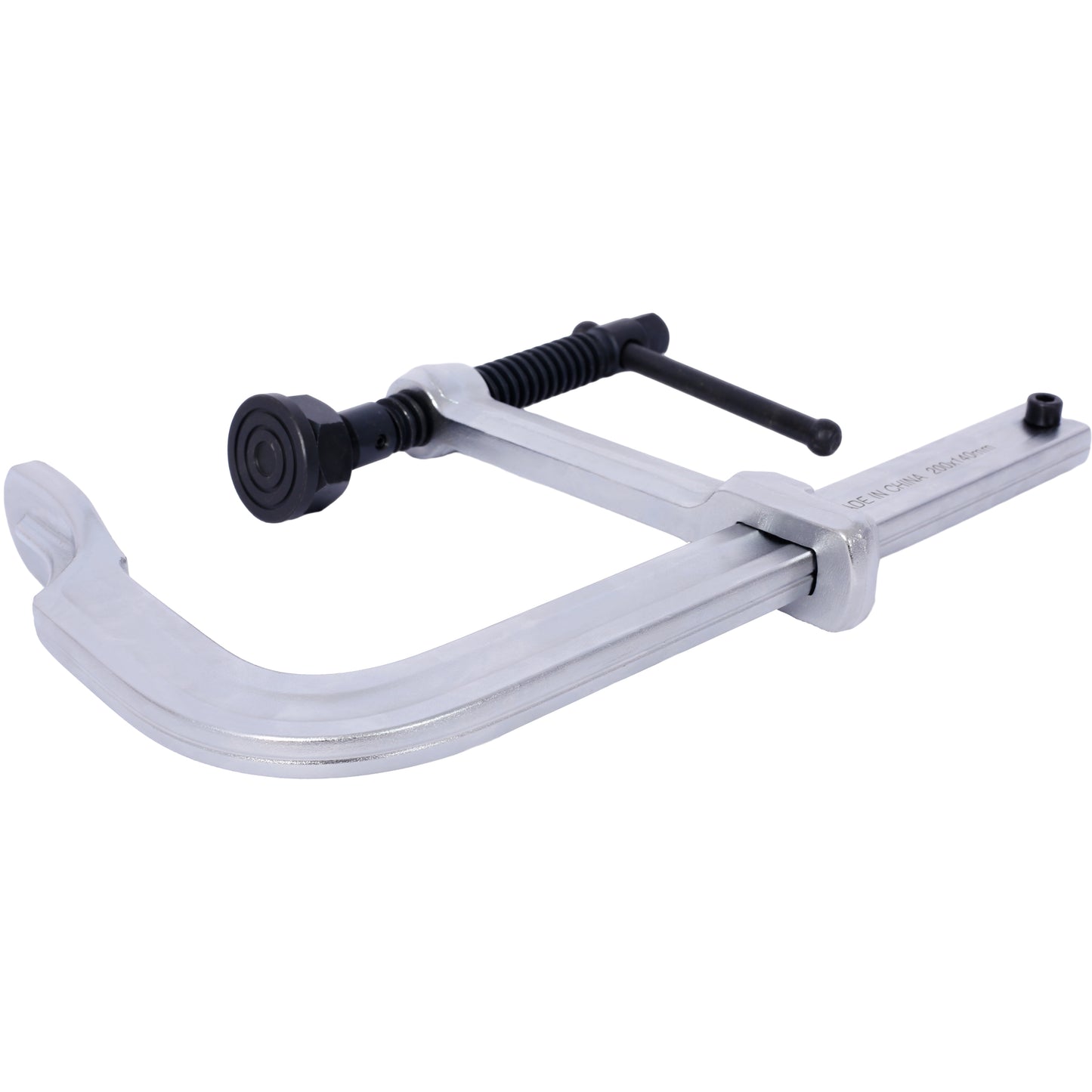 Silver metal C clamp with black screw handle ideal for woodworking projects