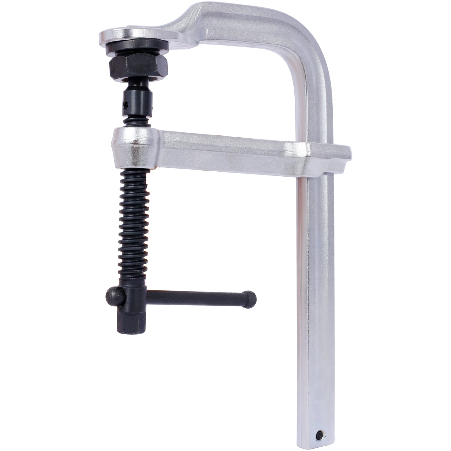 Silver metal Cclamp with black screw mechanism and handle for woodworking