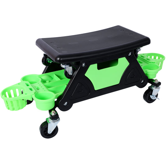 Rolling garden seat with black padded seat and green storage compartments